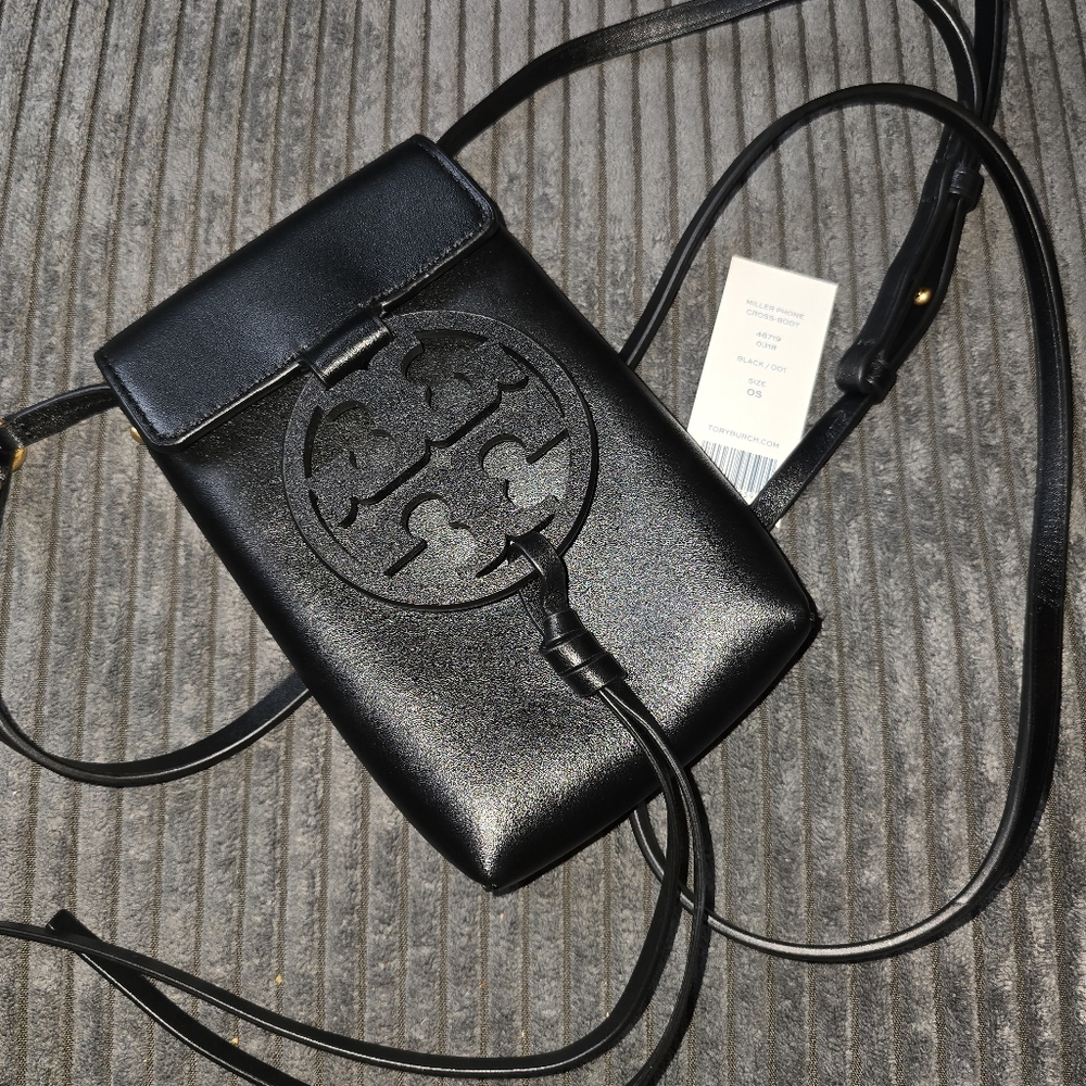 Tory Burch Black Leather Logo Crossbody Phone Bag - Picture 2 of 5